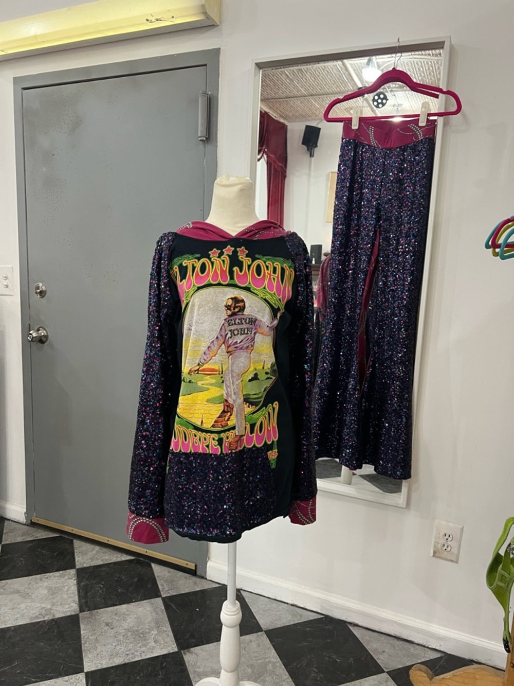 One Of A Kind!! Up-cycled Elton John Tour Shirt Matching Set Super Flare Pants